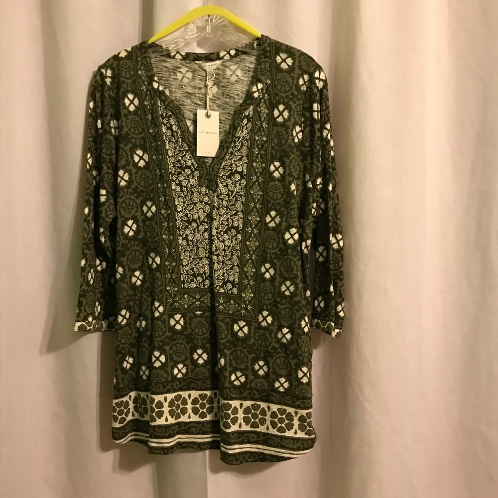 Lucky Brand cream and olive 3/4 sleeve blouse
